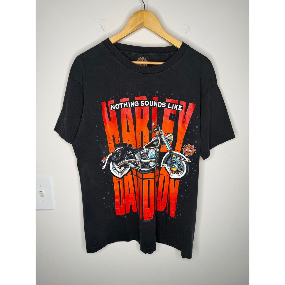 Vintage 90s 1996 Harley Davidson T-Shirt Large Black All Over Print Biker Retro